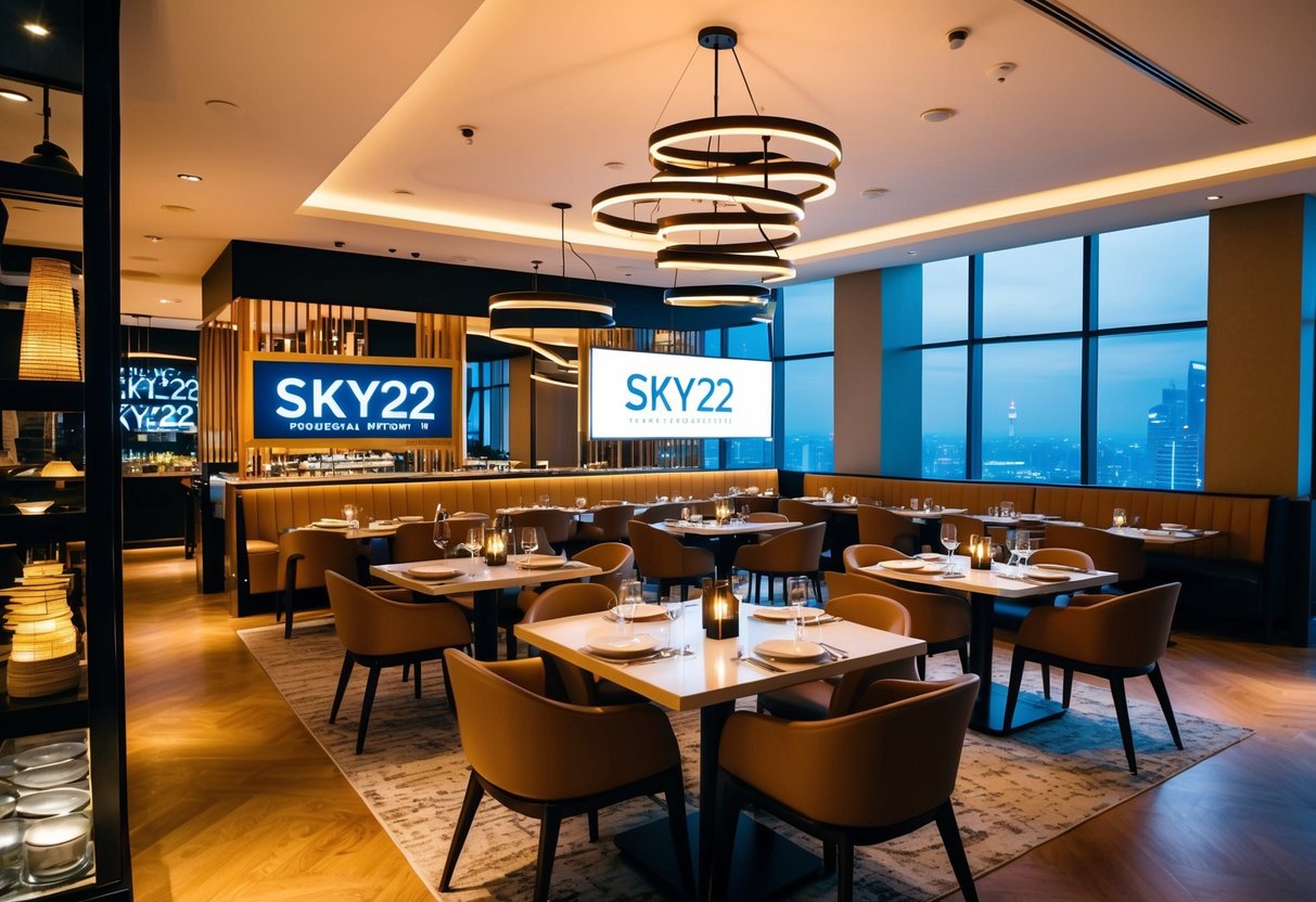 A bustling restaurant with modern decor and warm lighting, featuring promotional displays for Sky22 at Courtyard by Marriott in Singapore