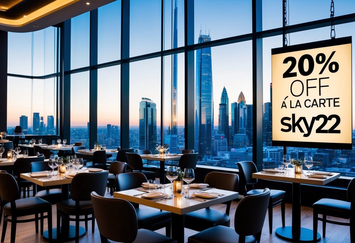 A bustling restaurant with tables set for dining, a view of the city skyline through large windows, and a prominent sign advertising "20% off à la carte" at Sky22