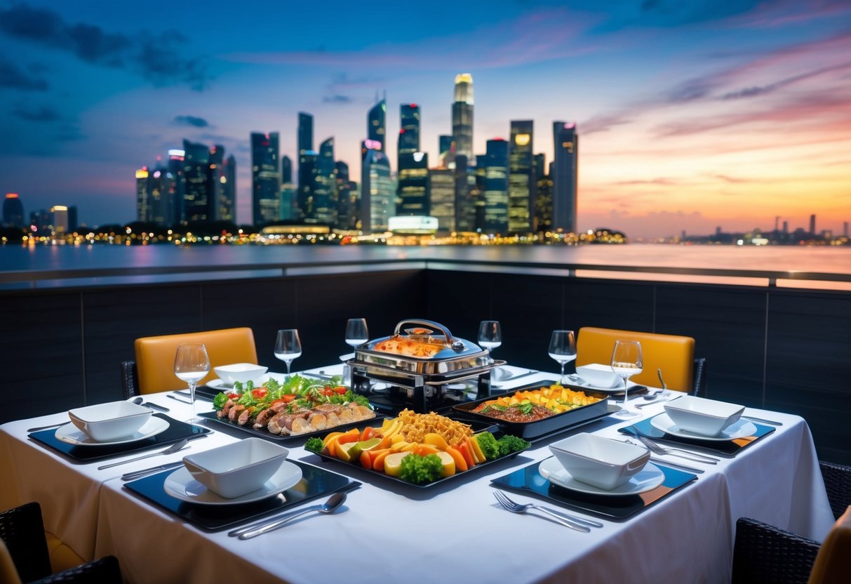 A vibrant restaurant scene with a stylish buffet spread and a view of the Singapore skyline from the Sky22 restaurant at Courtyard by Marriott