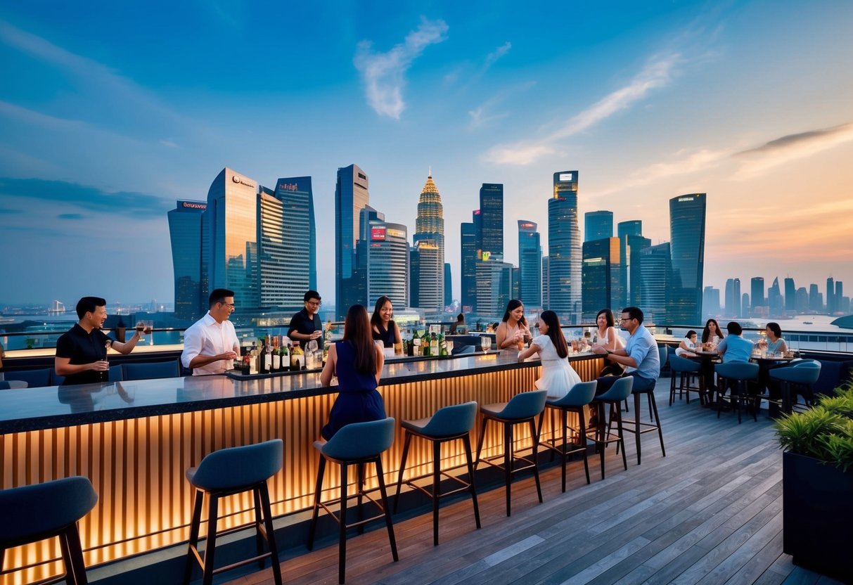 The rooftop bar at Courtyard by Marriott is bustling with activity as guests enjoy the upgrade promotion, with stunning views of the Singapore skyline in the background