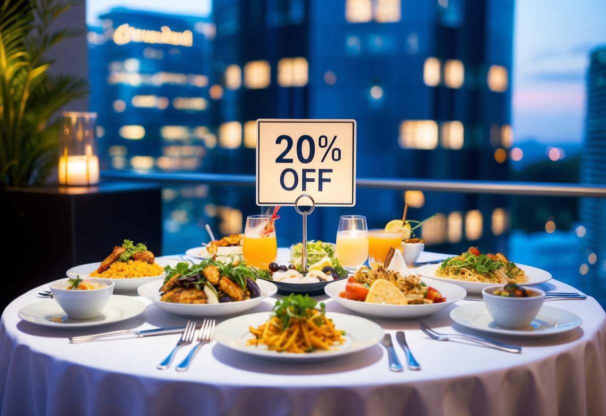 A table set with a variety of food and drink items, with a sign displaying "20% off" at Sky22 @ Courtyard by Marriott in Singapore