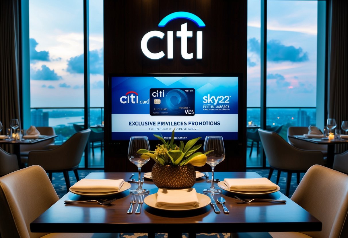 A luxurious restaurant setting with the Citi Card logo displayed prominently, showcasing exclusive privileges and promotions at Sky22 @ Courtyard by Marriott in Singapore