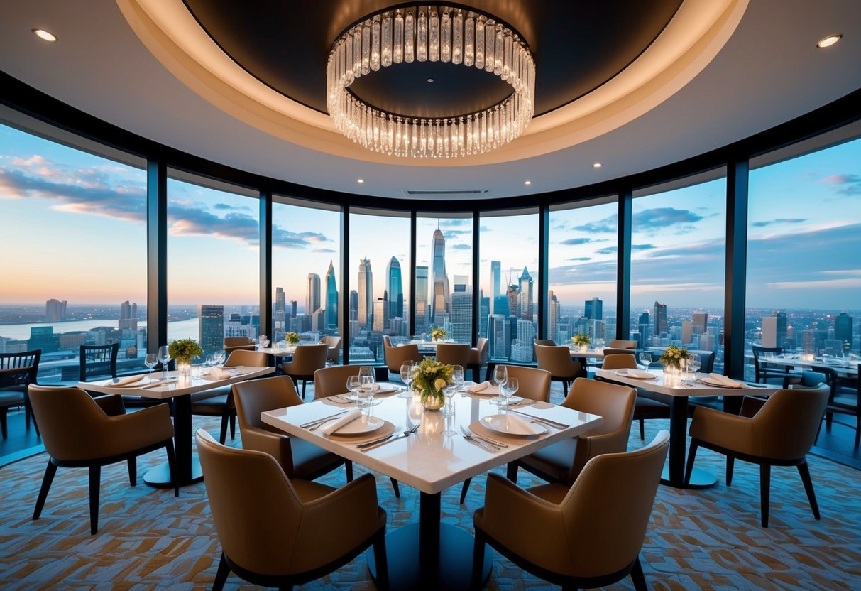 A panoramic view of Sky22 restaurant at Courtyard by Marriott, featuring elegant table settings, a modern interior, and a stunning city skyline backdrop