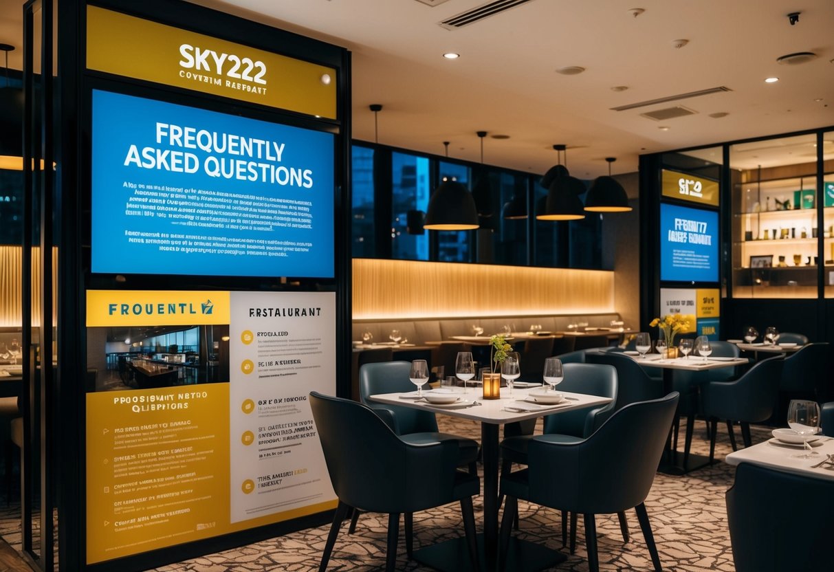 A bustling restaurant with a modern interior, featuring a prominent "Frequently Asked Questions" display and promotional materials for Sky22 @ Courtyard by Marriott in Singapore