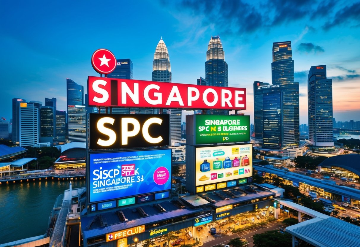 A bustling Singapore cityscape with prominent SPC signage and vibrant promotional displays