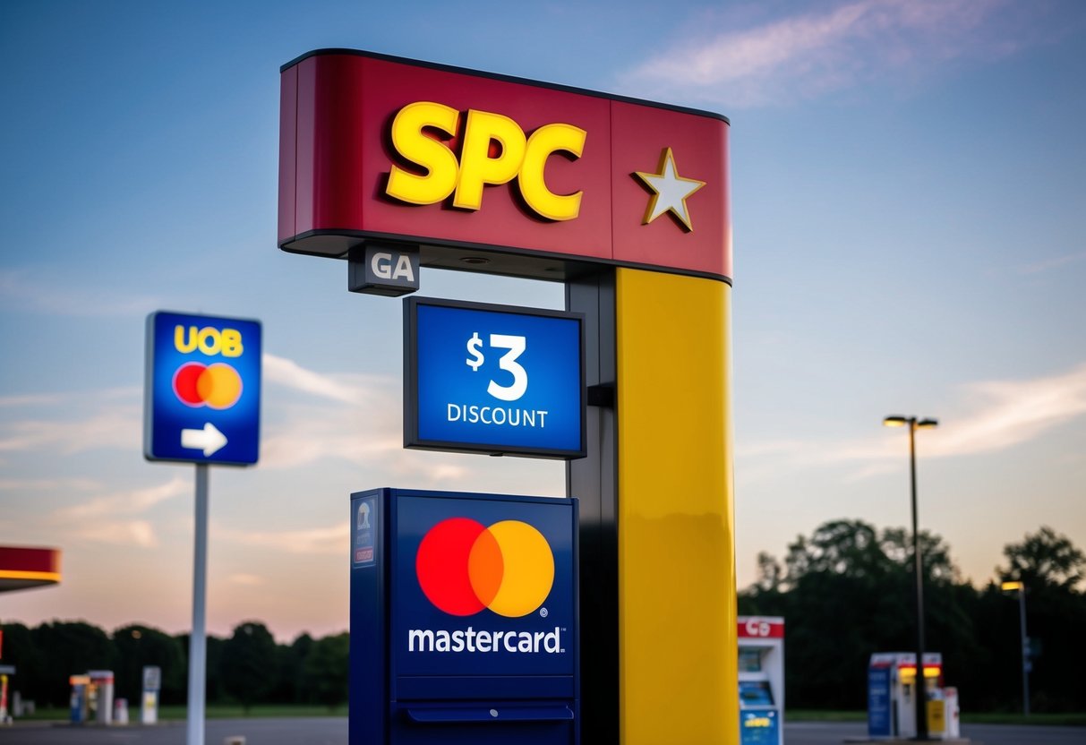 A red and yellow SPC gas station sign with a UOB MasterCard logo, indicating a $3 discount promotion