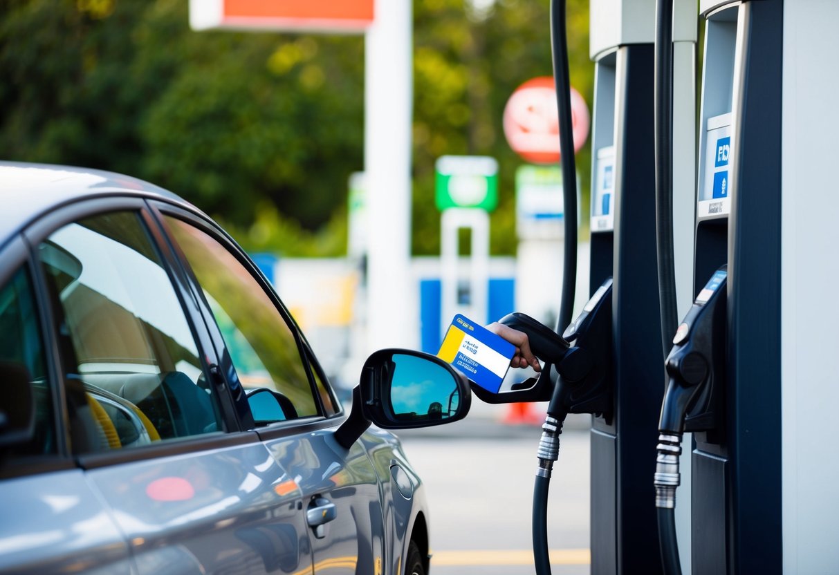 A car refueling at an SPC gas station, with a loyalty card being swiped at the pump to receive fuel discounts
