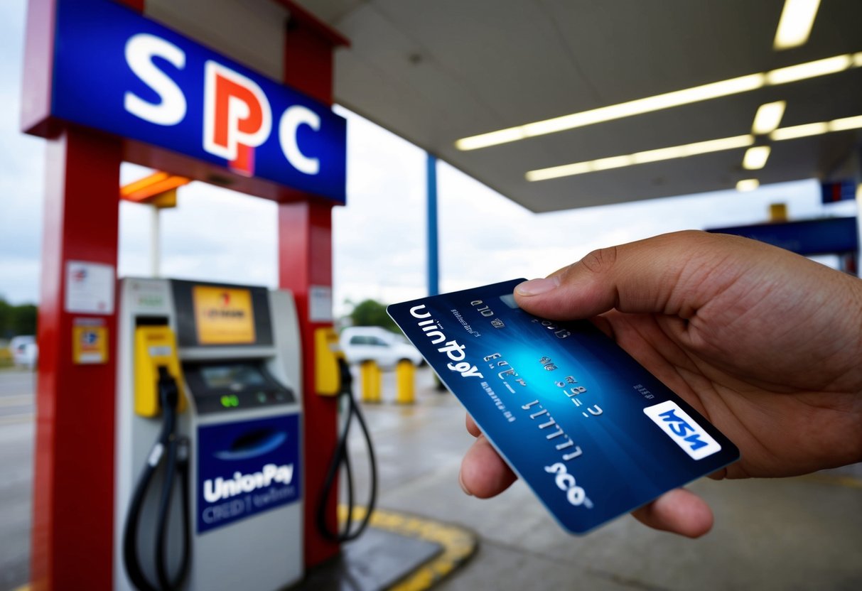 A UnionPay credit card being swiped at an SPC fuel station, with the promotional signage displayed prominently
