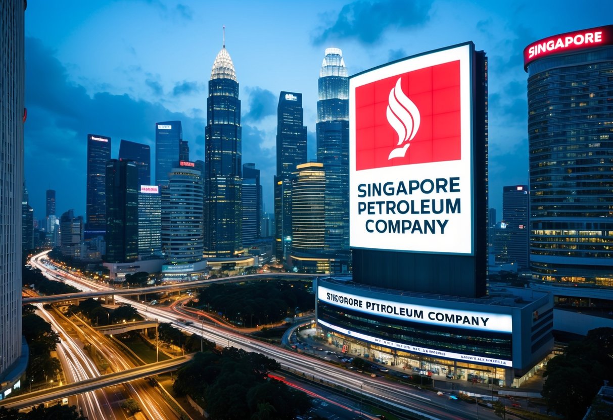 A bustling city skyline with the Singapore Petroleum Company's logo prominently displayed on a large billboard. Bright lights and busy streets convey a sense of energy and activity