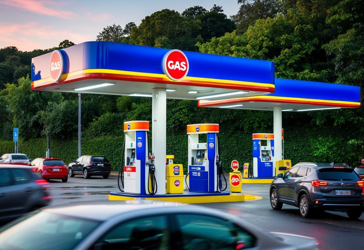 A vibrant gas station with a sleek, modern design and colorful SPC promotions signage, surrounded by bustling traffic and lush greenery