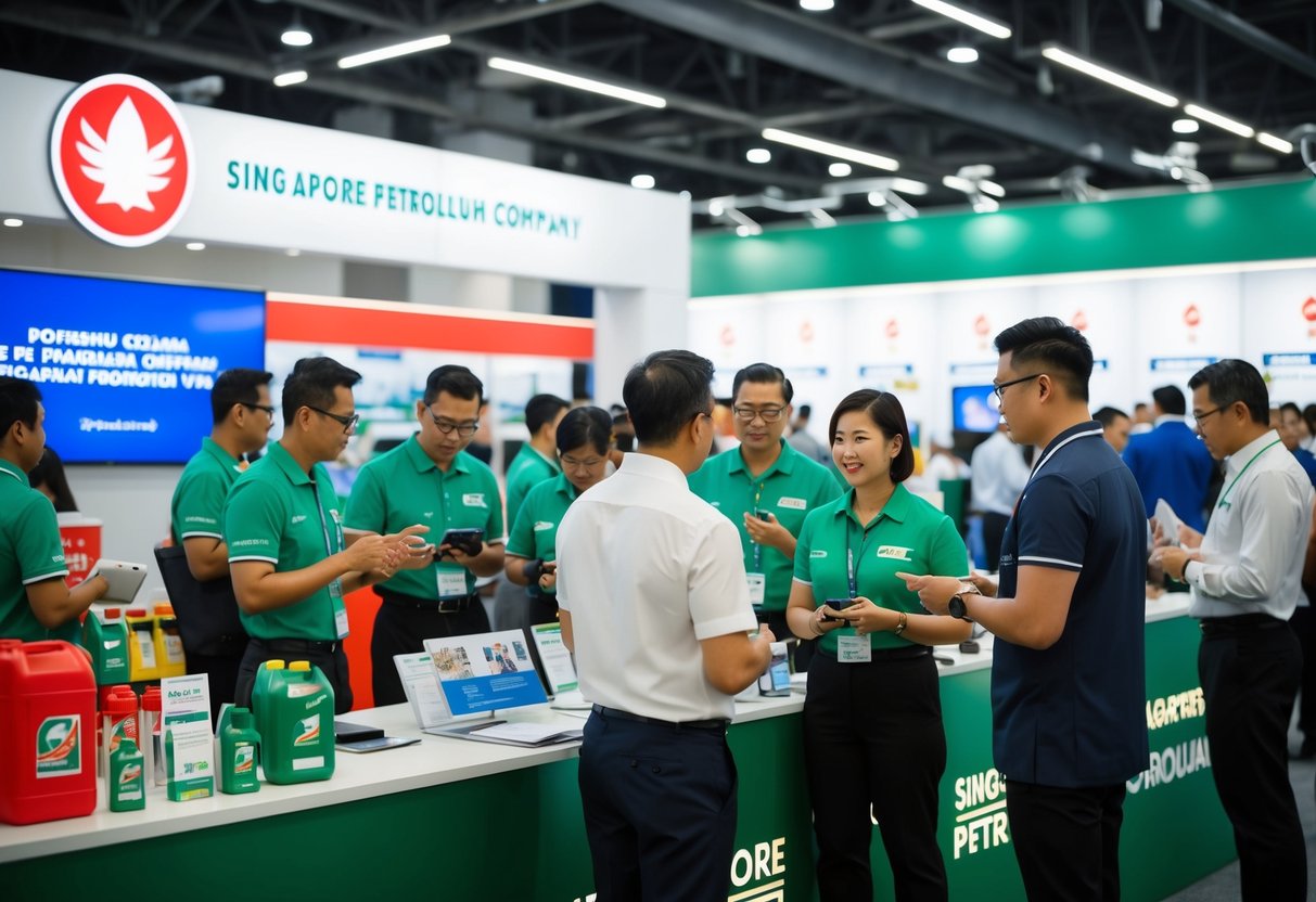 A bustling Singapore Petroleum Company promotion event with customers asking questions and staff providing information
