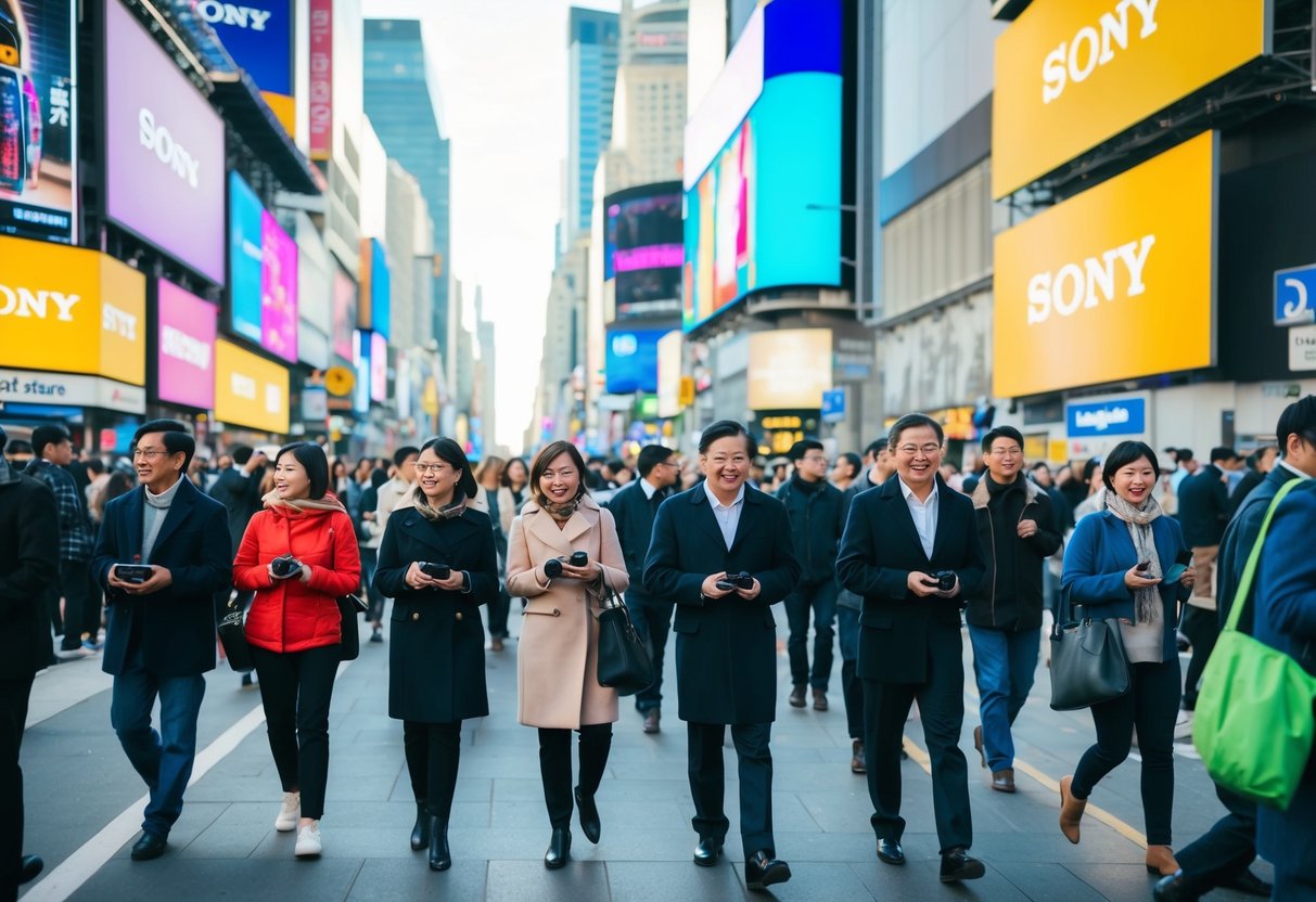 A bustling city street with colorful billboards and a crowd of people passing by, some holding Sony gadgets