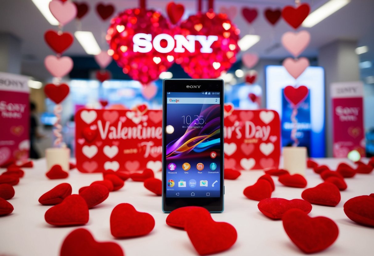 A sleek Sony gadget surrounded by Valentine's Day-themed decorations and promotional signs in Singapore