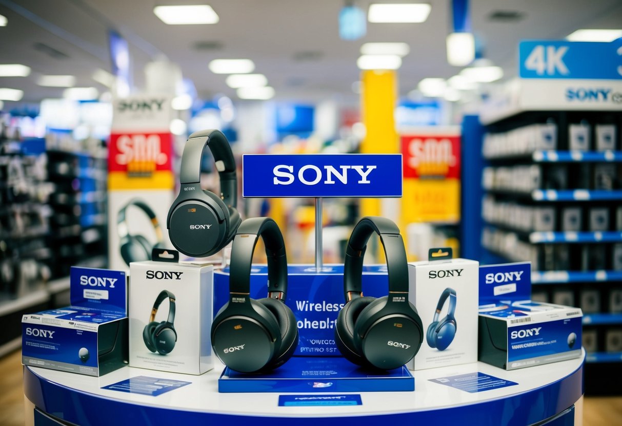 A bustling electronics store with a prominent display of Sony wireless headphones, surrounded by eye-catching promotional signs