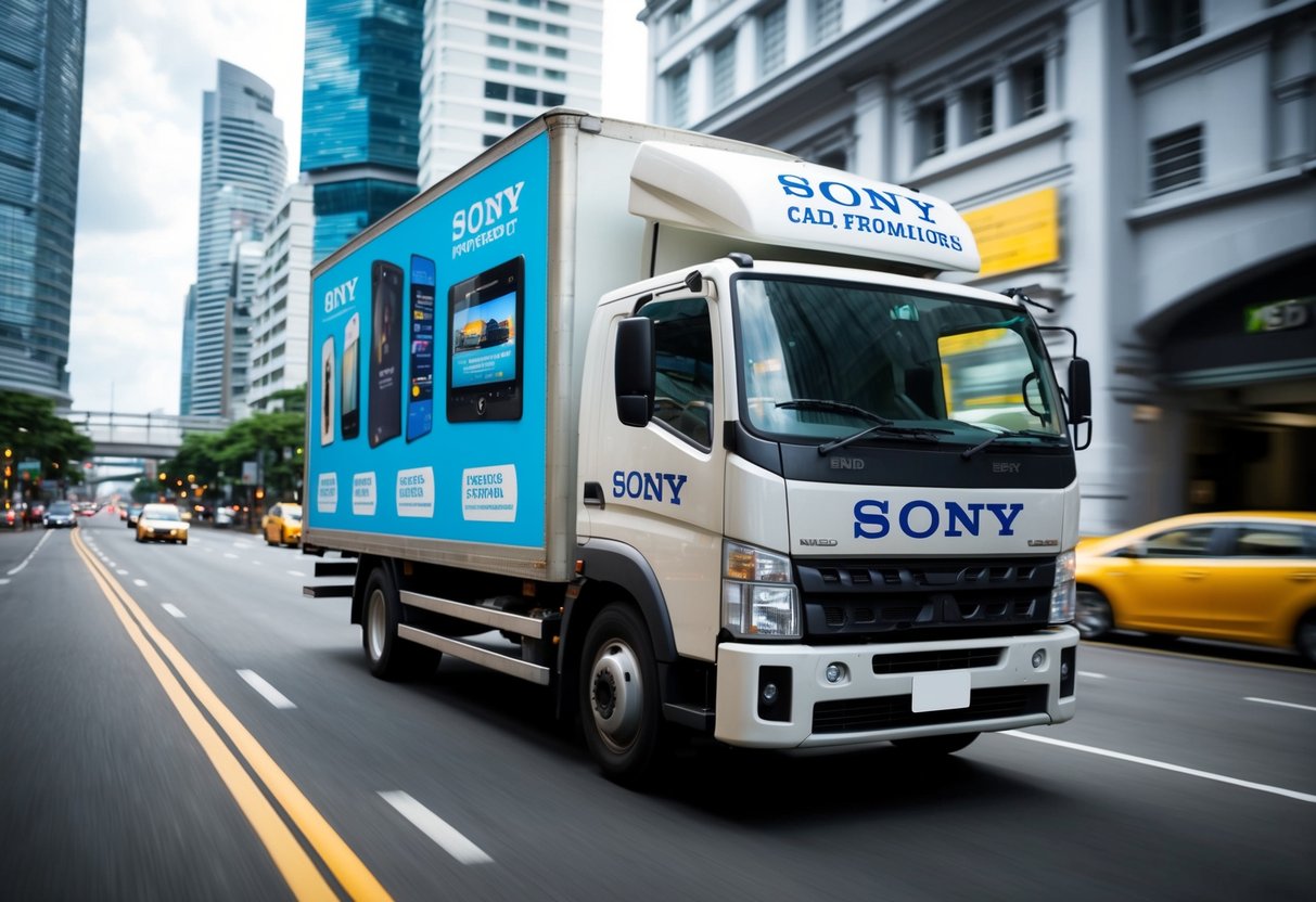 A delivery truck speeds through a bustling city street, adorned with Sony gadget promotions. The driver rushes to fulfill last-minute orders in Singapore