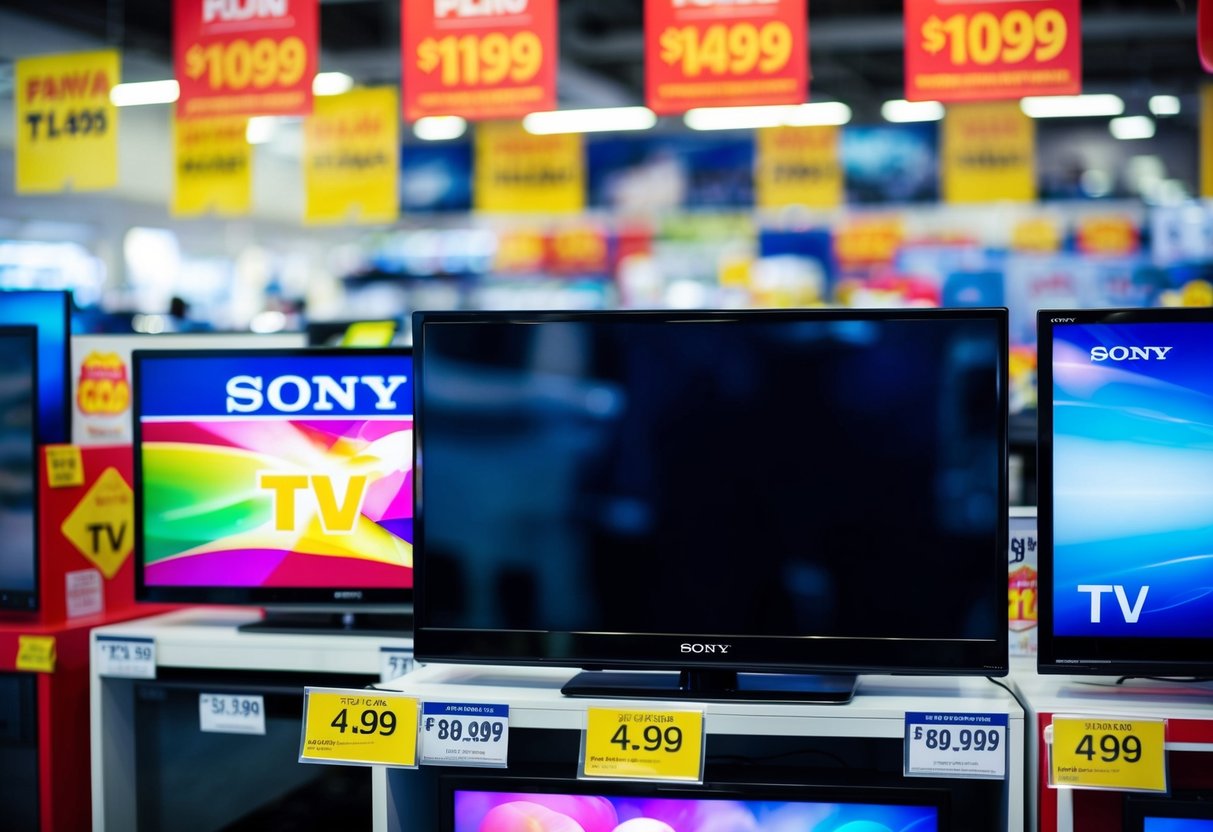 A colorful display of Sony TVs with bright price tags and promotional banners