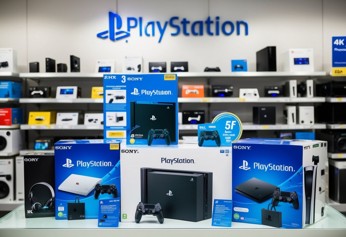 A colorful display of PlayStation consoles and accessories with promotional signs in a Singapore electronics store