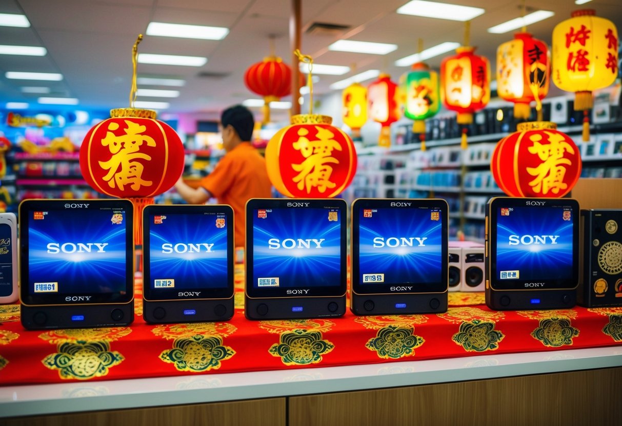 A colorful display of Sony gadgets with Lunar New Year decorations at a bustling Singapore electronics store