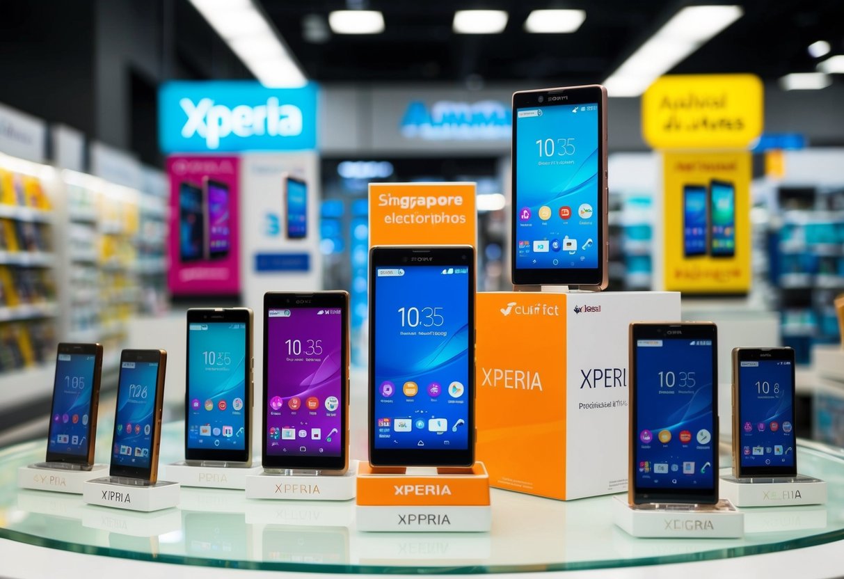 A vibrant display of Xperia smartphones surrounded by promotional signs in a Singapore electronics store