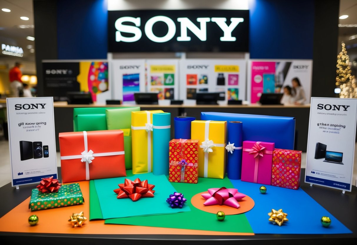 A festive gift wrapping station with colorful paper, ribbons, and bows, surrounded by Sony gadgets and promotional signs in Singapore