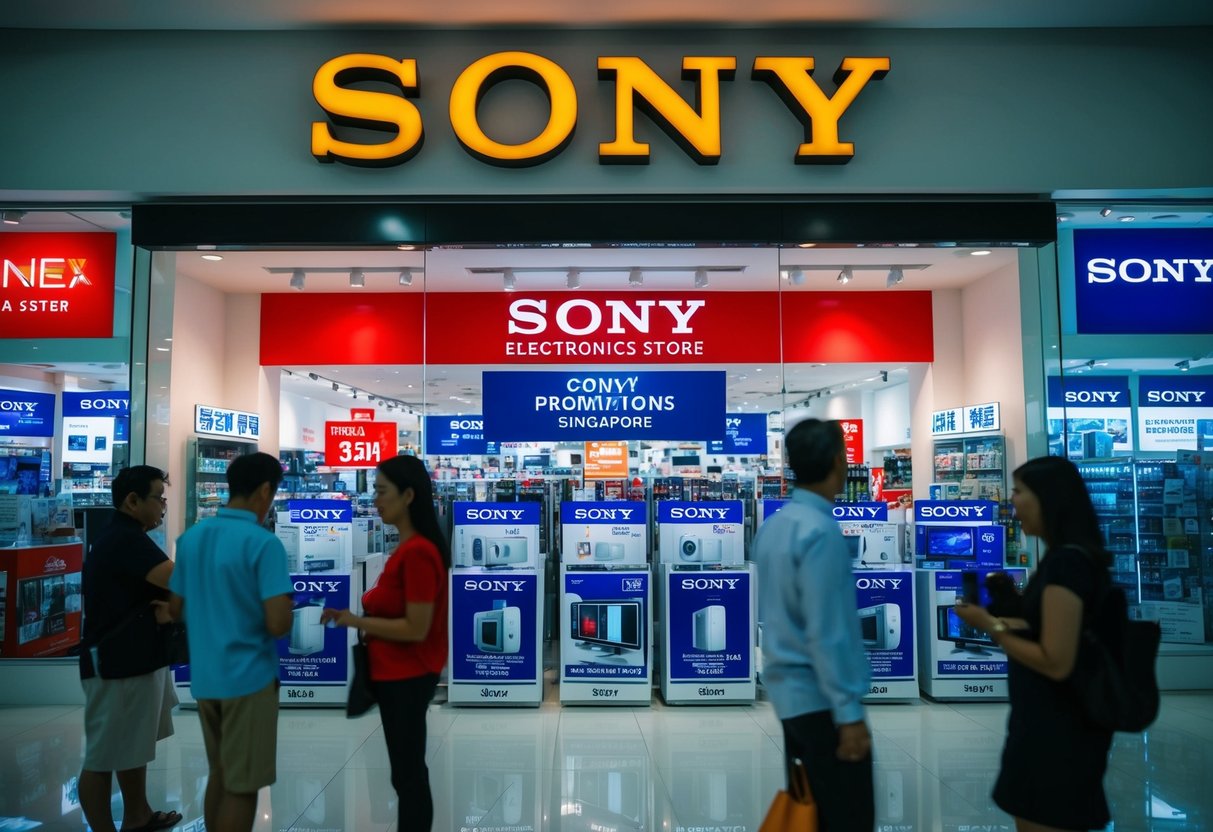 A bustling electronics store with bright Sony promotions in Singapore