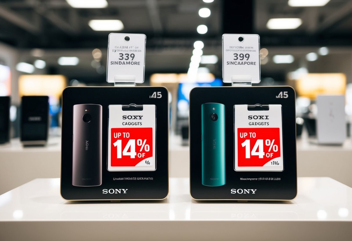 Two or more Sony gadgets displayed with price tags showing up to 14% discount in a Singapore store