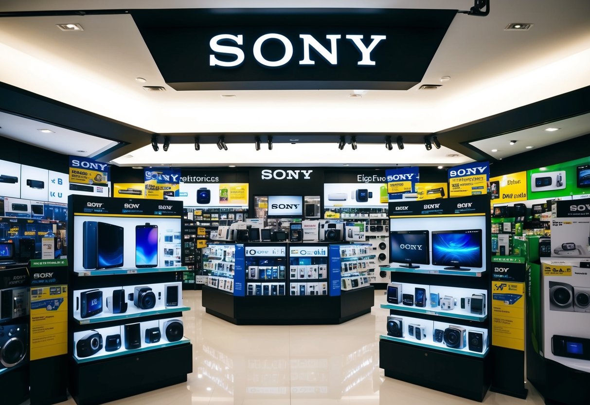 A bustling electronics store in Singapore, featuring prominent displays of Sony gadgets and eye-catching promotional materials