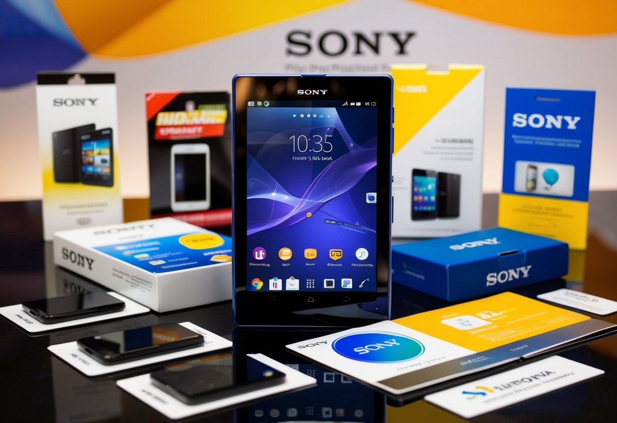 A sleek Sony gadget surrounded by various promotional materials in a vibrant Singaporean setting