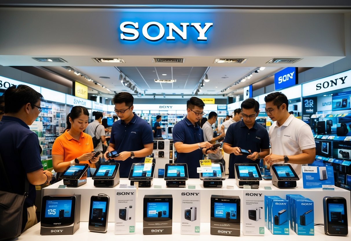 A bustling electronics store in Singapore, with a prominent display of Sony gadgets and promotional materials. Customers are seen examining the products and comparing prices
