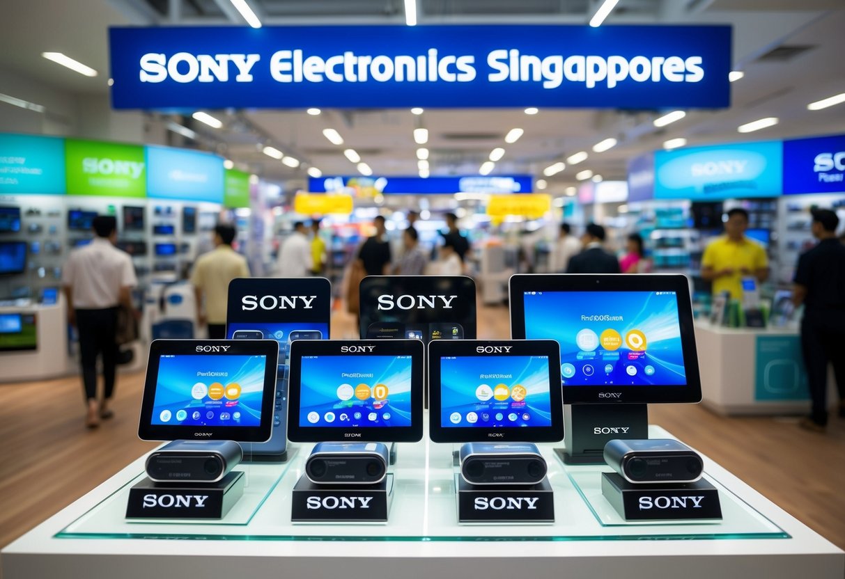 A colorful display of Sony gadgets with promotional signs in a busy Singapore electronics store