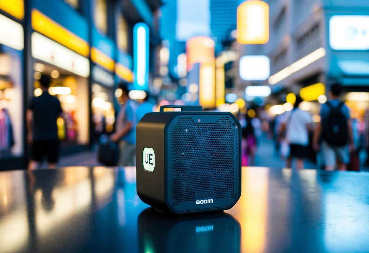 A vibrant cityscape in Singapore with a UE Boom 2 speaker prominently displayed in a busy shopping district