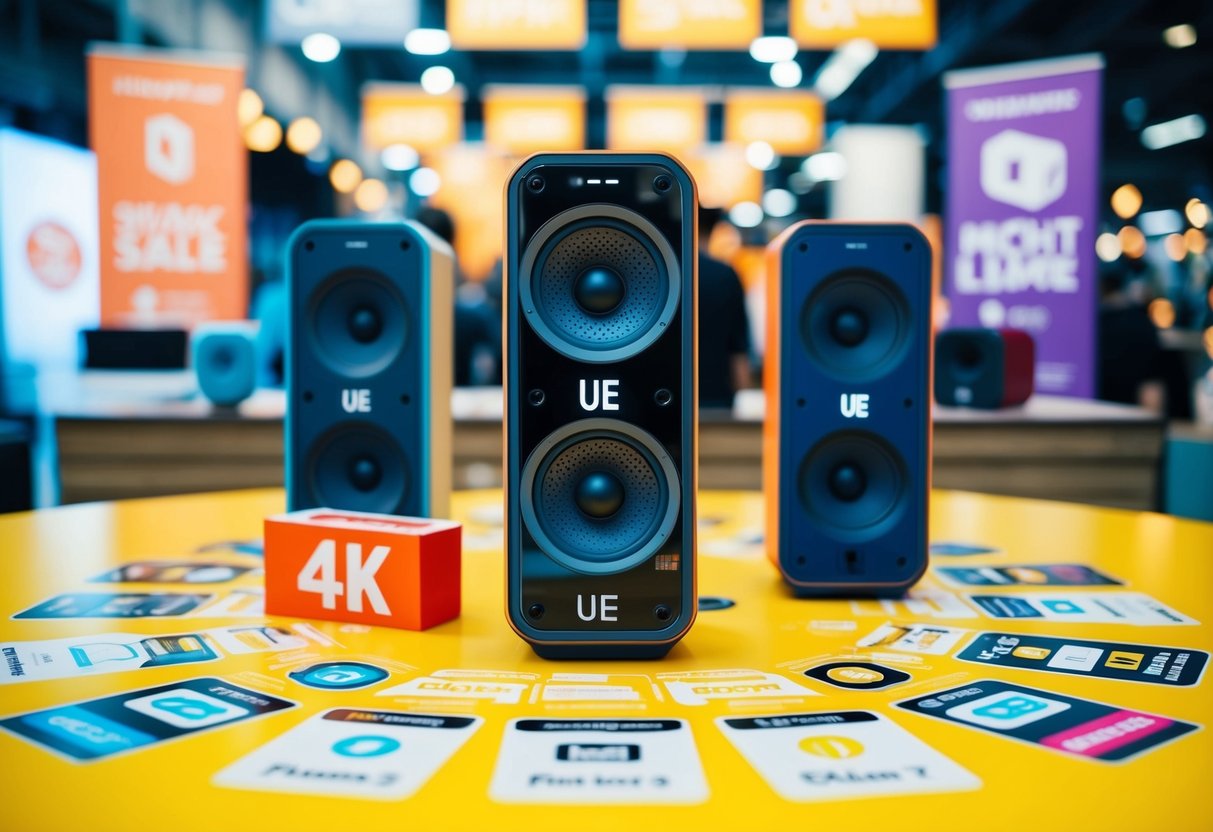 A vibrant digital marketplace with UE Boom 2 speakers on sale, surrounded by promotional banners and icons