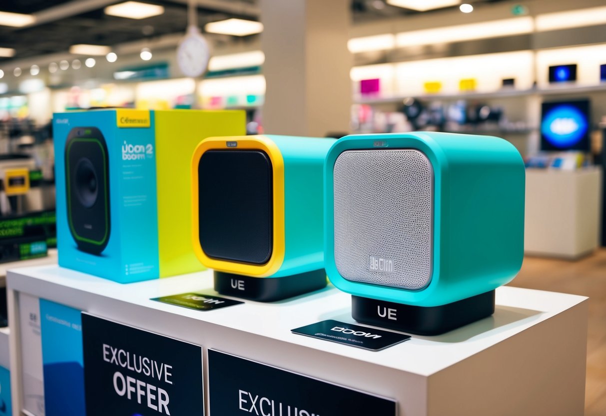 A colorful display of UE Boom 2 speakers with "exclusive offer" signs in a modern Singapore electronics store