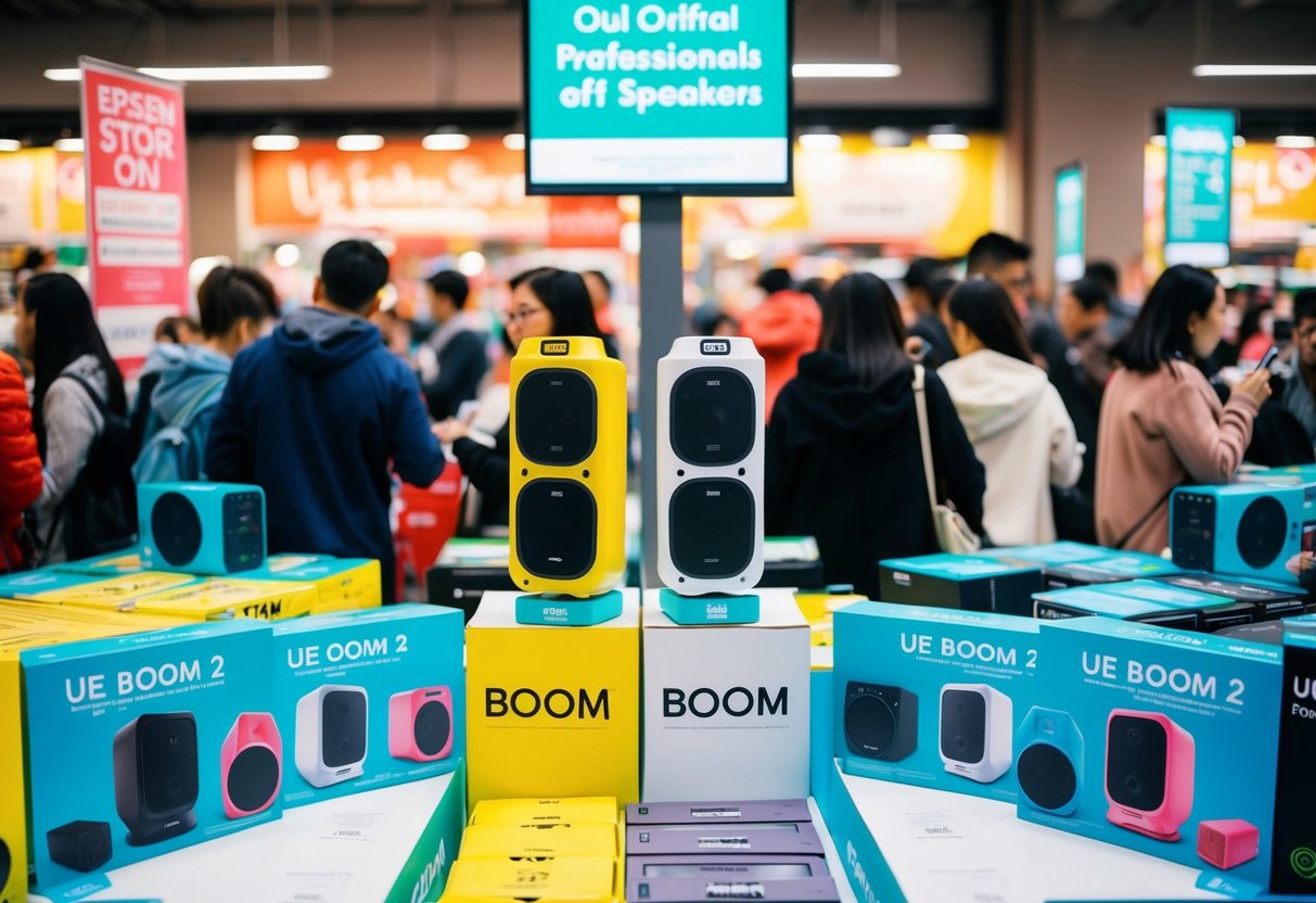 A colorful display of UE Boom 2 speakers on sale, surrounded by promotional signs and banners, with eager shoppers browsing the bargains
