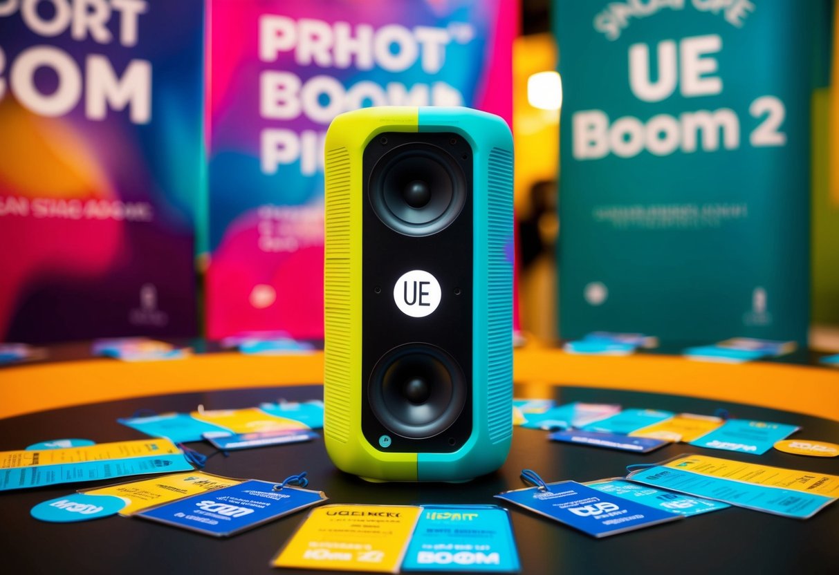 A colorful UE Boom 2 speaker surrounded by promotional banners and price tags, set against a vibrant Singapore backdrop