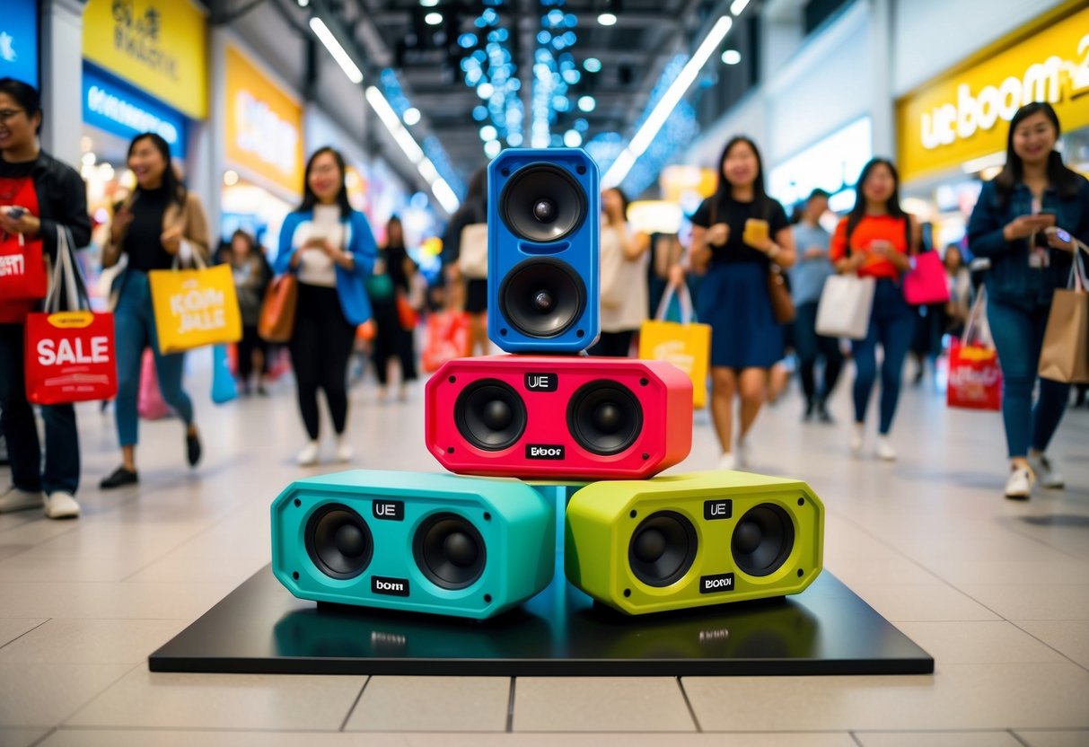 A bustling Singapore street with colorful UE Boom 2 speakers on display, surrounded by excited shoppers during the flash sales event on 21 January 2025