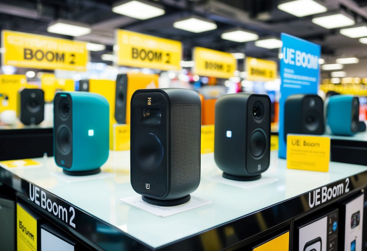 A colorful display of UE Boom 2 speakers surrounded by promotional signs in a bustling Singapore electronics store