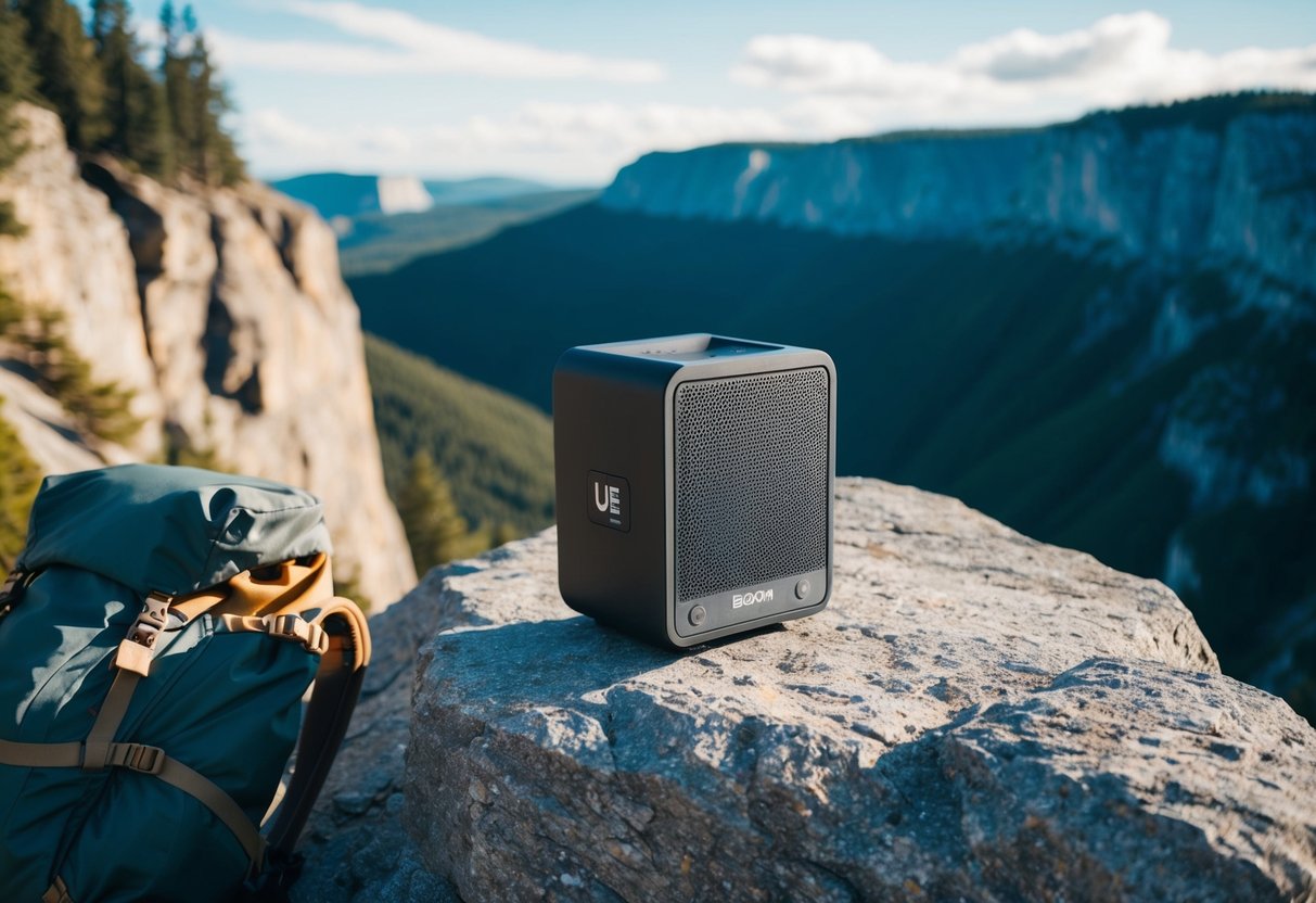 A UE Boom 2 speaker sits on a rocky cliff overlooking a scenic landscape, with a rugged backpack and outdoor gear nearby