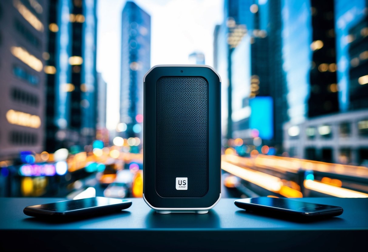 A vibrant cityscape with a sleek UE Boom 2 speaker prominently displayed in the foreground, surrounded by modern technology and bustling activity