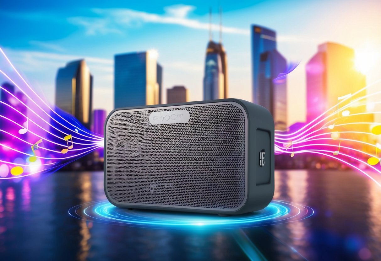 A vibrant cityscape with a sleek UE Boom 2 speaker prominently displayed, surrounded by energetic music waves and bright promotional graphics
