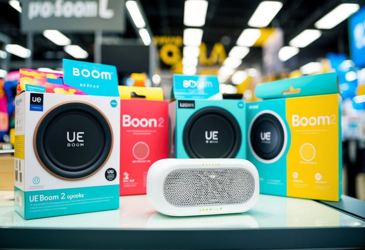 A vibrant display of UE Boom 2 speakers in a Singapore electronics store, with promotional signs and colorful packaging