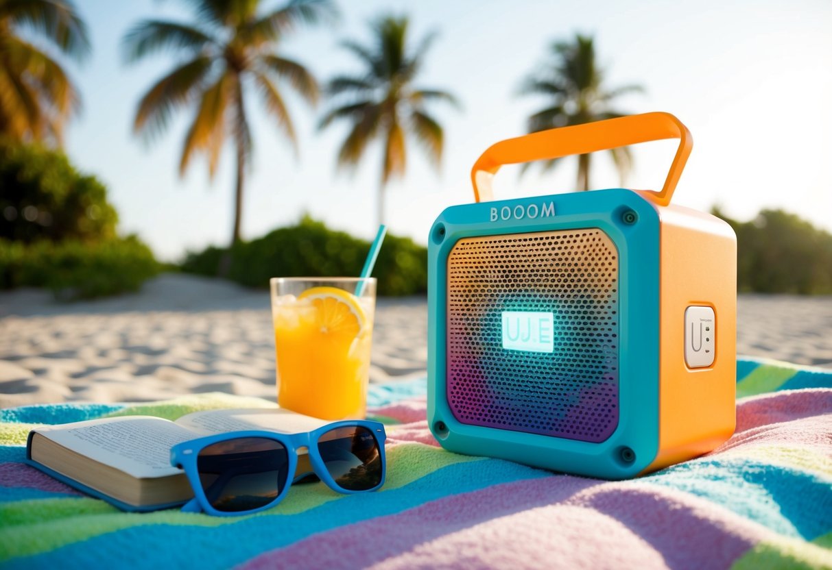 A colorful UE Boom 2 speaker sits on a beach towel, surrounded by sunglasses, a cold drink, and a book, while palm trees sway in the background