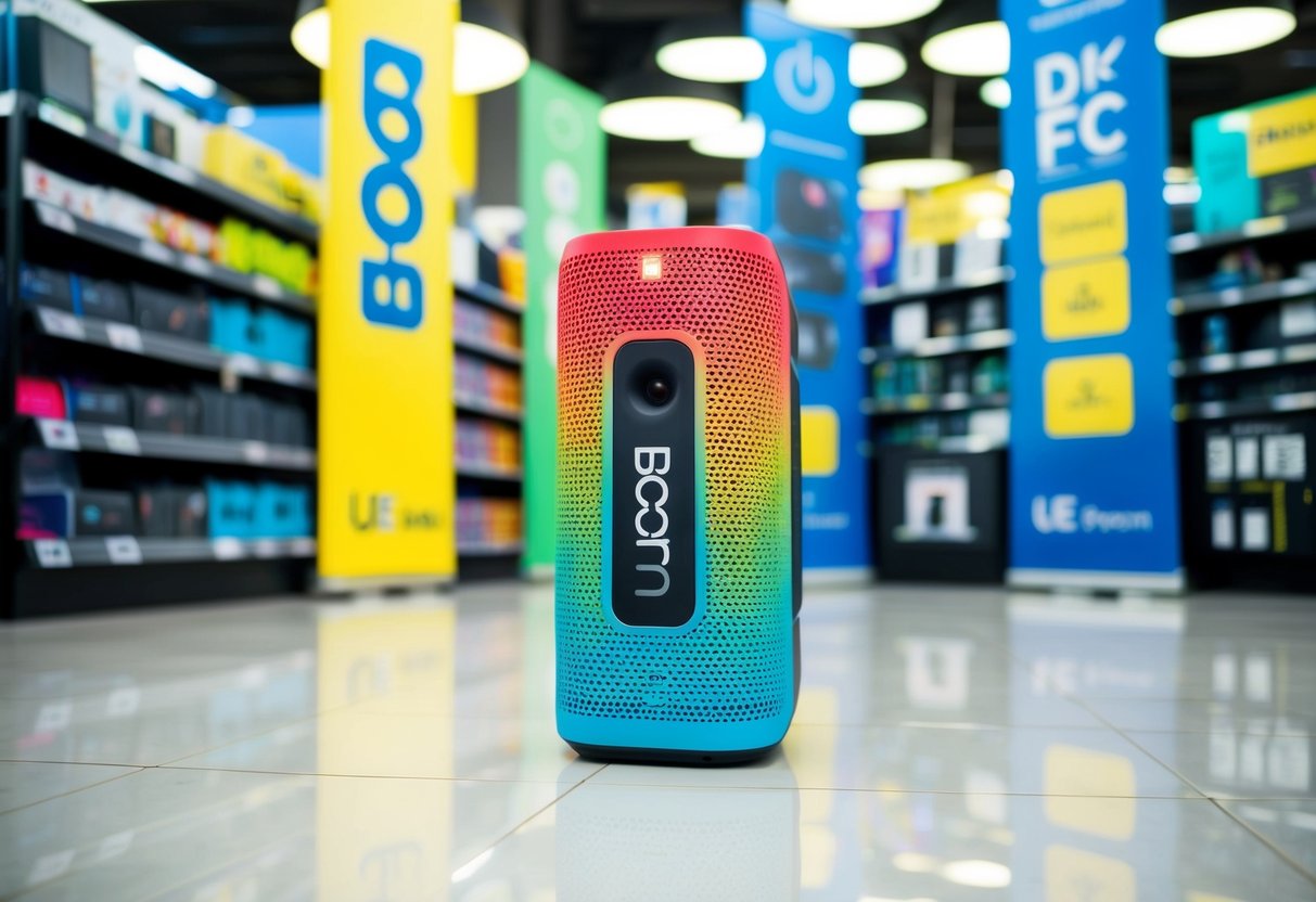 A colorful UE Boom 2 speaker surrounded by promotional banners in a bustling Singapore electronics store