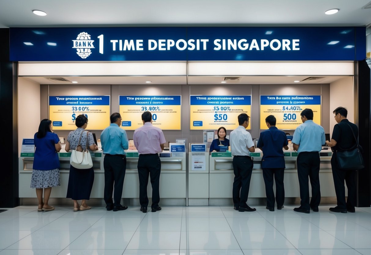 A bank branch with a prominent display of time deposit promotions in Singapore. Customers queue at the counter