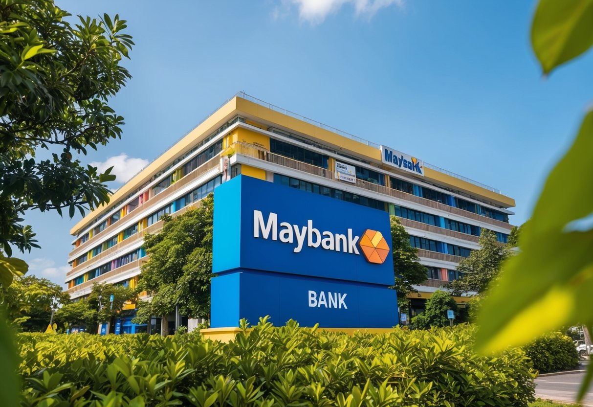 A colorful bank building with a prominent Maybank sign, surrounded by flourishing greenery and a clear blue sky