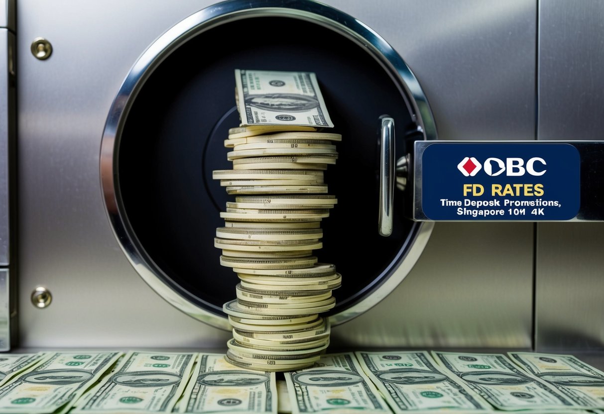 A stack of money grows larger as it is placed into a bank vault, symbolizing increased savings through OCBC's promotional FD rates time deposit promotions in Singapore