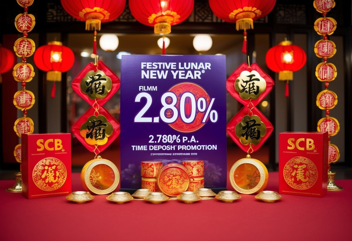 A festive Lunar New Year scene with red and gold decorations, traditional Chinese symbols, and a prominent display of SCB's 2.80% p.a. time deposit promotion