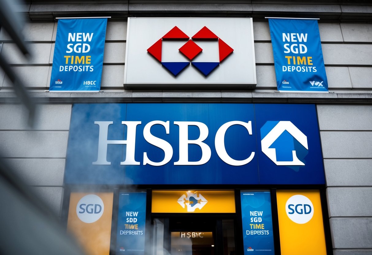 A bank building with a prominent HSBC sign, surrounded by promotional banners for new SGD Time Deposits
