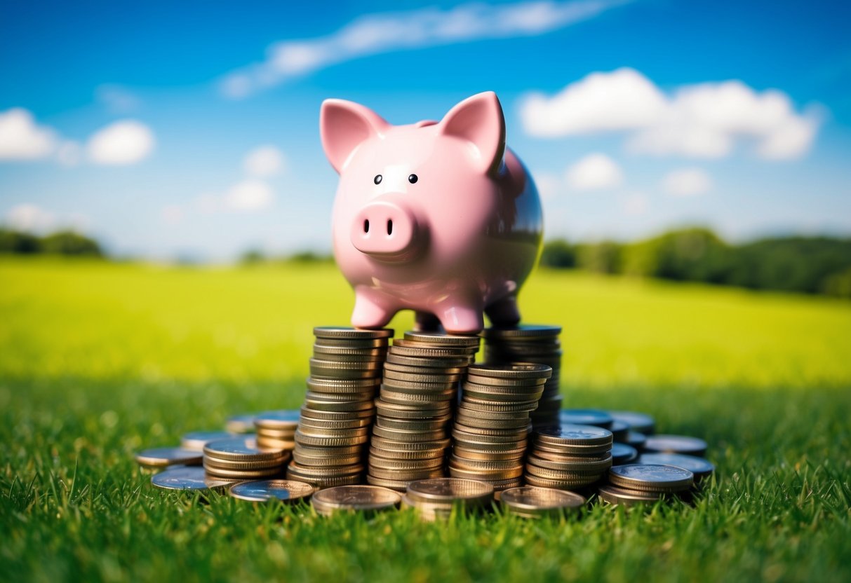 A piggy bank sits atop a stack of coins, surrounded by a lush green landscape with a clear blue sky overhead