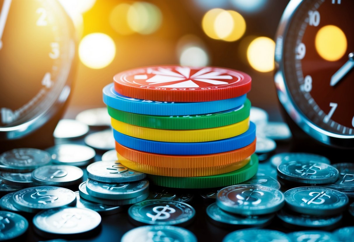 A stack of colorful bank logos surrounded by clock hands and money symbols